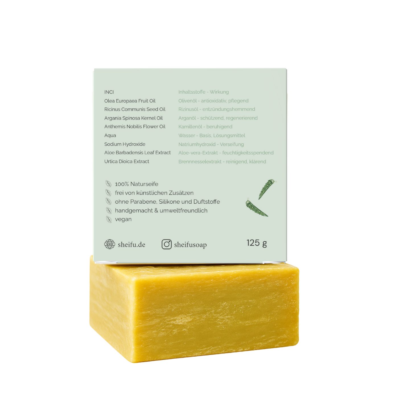 Inhaltsstoffe der Aloe Vera Naturseife zur sanften Pflege empfindlicher Haut sichtbar gelistet