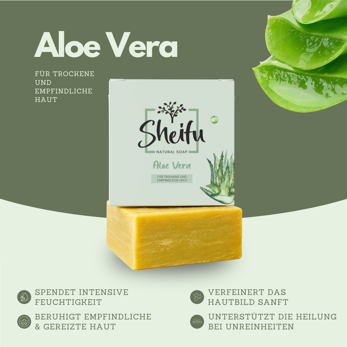 Aloe Vera Seife beruhigt gereizte Haut, spendet Feuchtigkeit und fördert Hautheilung
