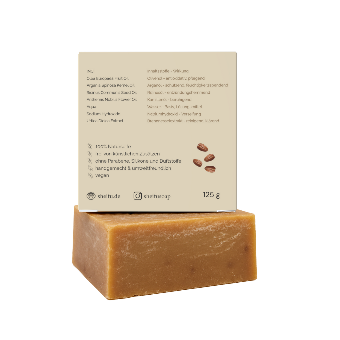 Inhaltsstoffe der Argan Naturseife auf nachhaltiger Verpackung mit Pflegehinweisen sichtbar
