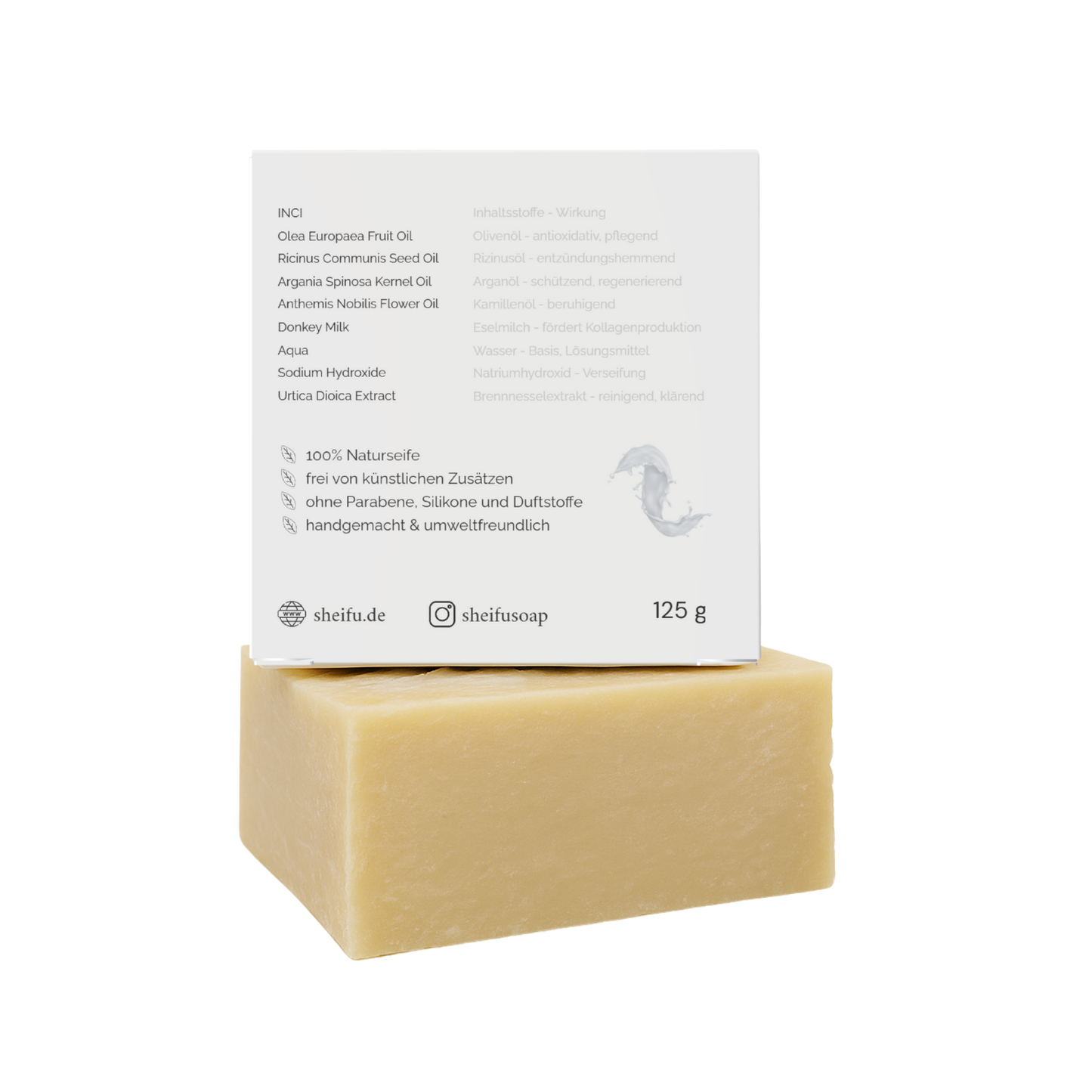 Inhaltsstoffe der Eselmilch Naturseife auf weißer Rückseite mit feuchtigkeitsspendender Rezeptur