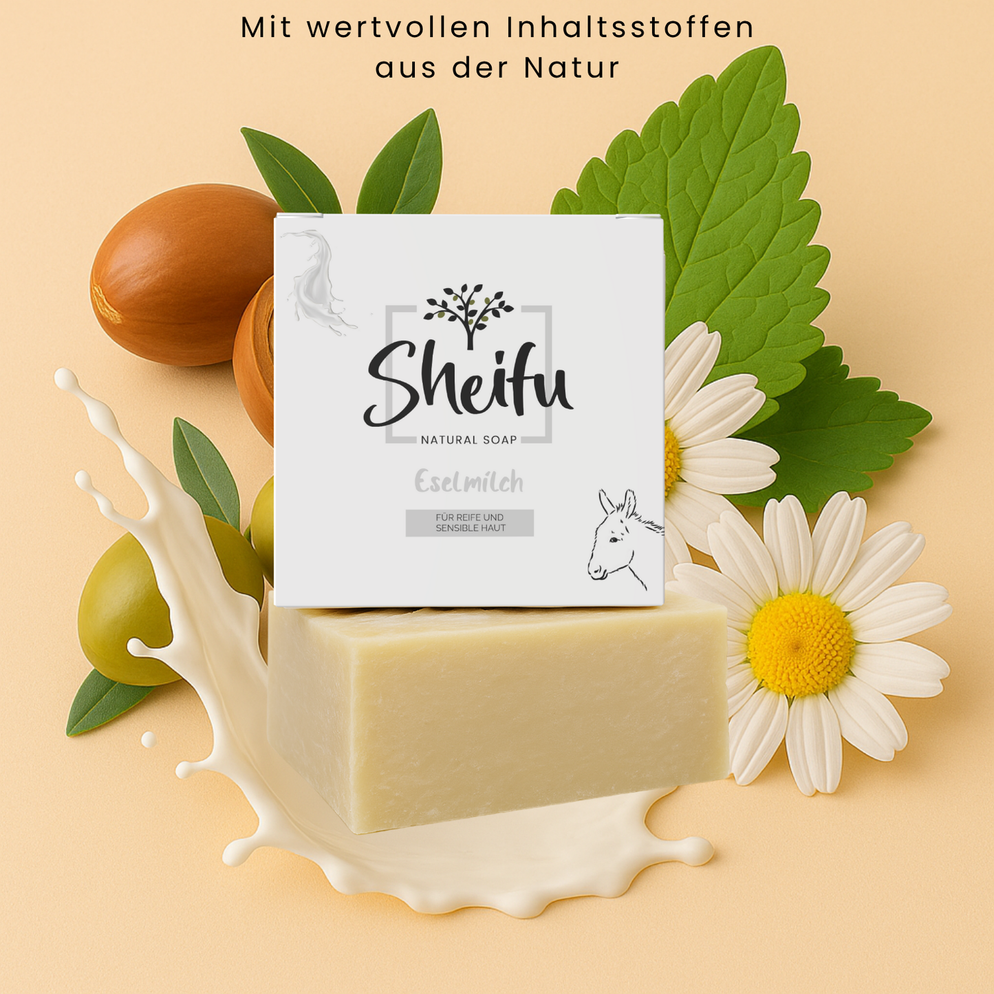 Naturseife mit Eselmilch, Kamillenöl und Olivenöl dekoriert mit frischem Milchsplash