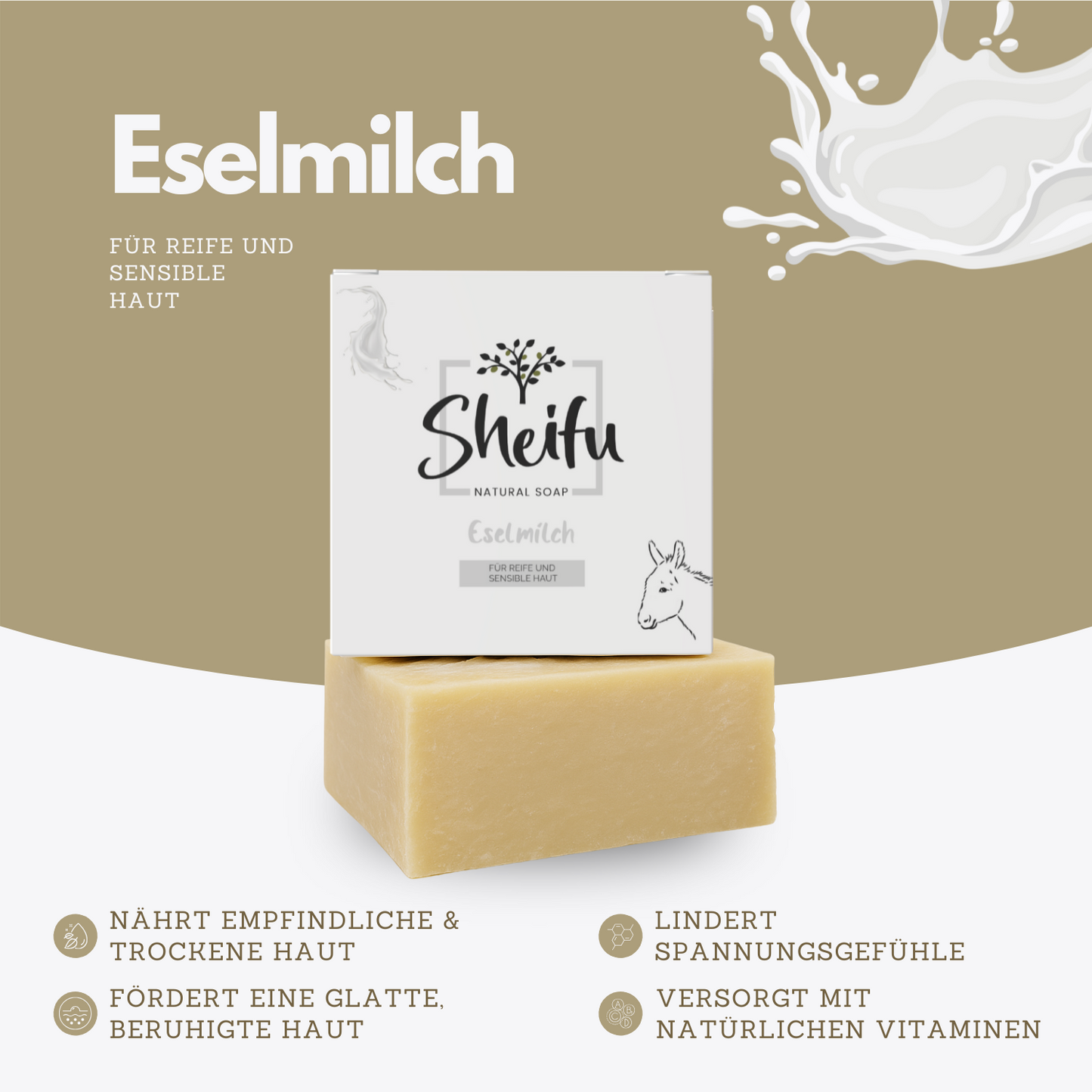 Eselmilchseife beruhigt trockene Haut, versorgt mit Vitaminen und reduziert Spannungsgefühle