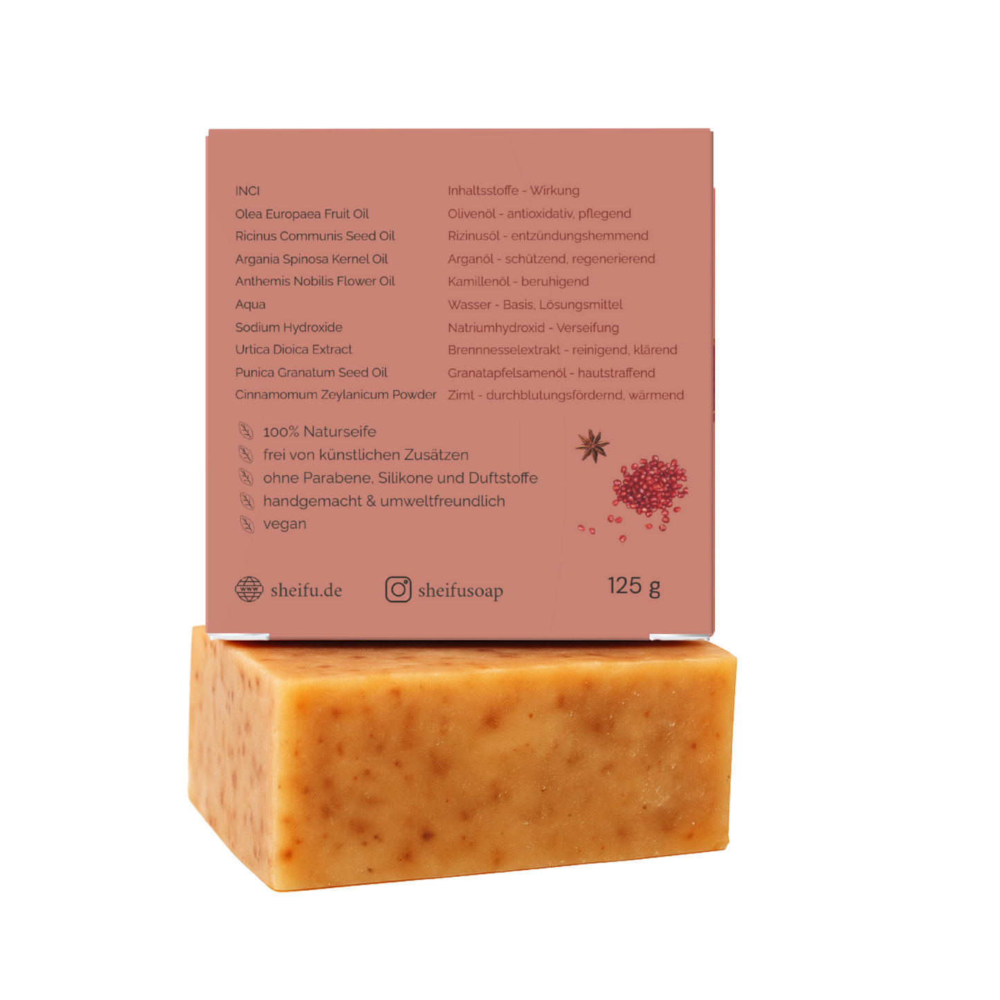 Inhaltsstoffe der Granatapfel Zimt Naturseife auf nachhaltiger Verpackung detailliert gelistet