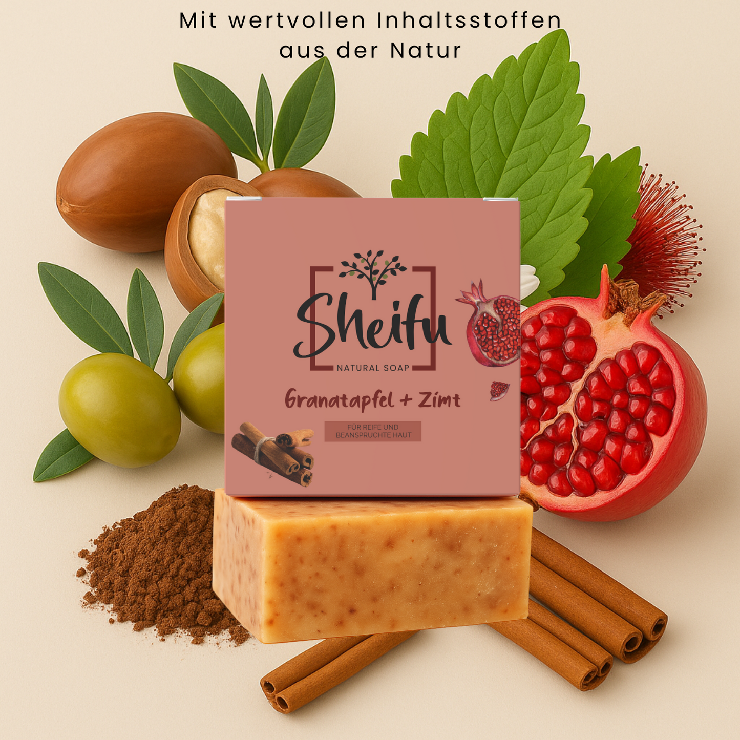 Naturseife mit Granatapfelsamenöl Zimt, Olivenöl und Kamillenöl liebevoll dekoriert