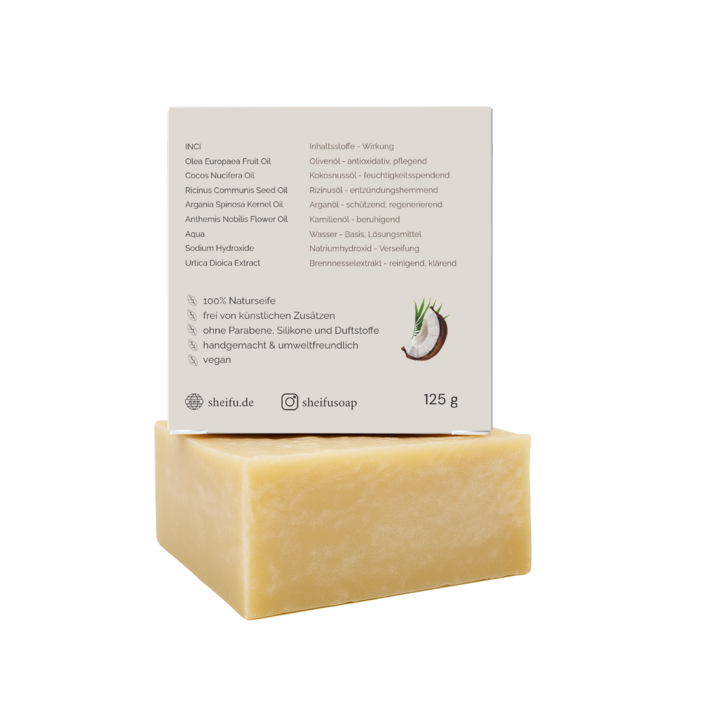 Zutaten und Wirkung der Kokosnuss Naturseife von Sheifu auf umweltfreundlicher Rückseite