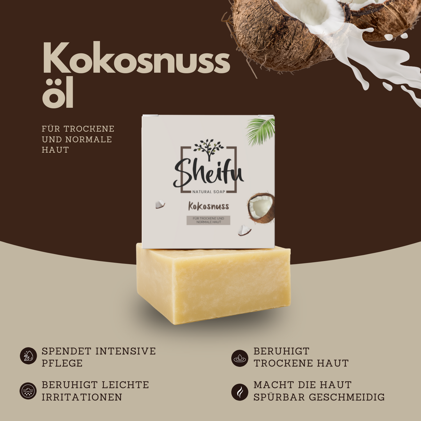 Naturseife mit Kokosöl für geschmeidige Haut beruhigt Irritationen und spendet Feuchtigkeit