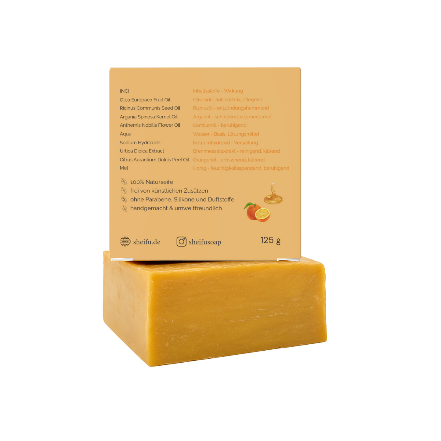 Inhaltsstoffe der Orange Honig Naturseife mit vitaminreicher Pflegeformel klar dargestellt
