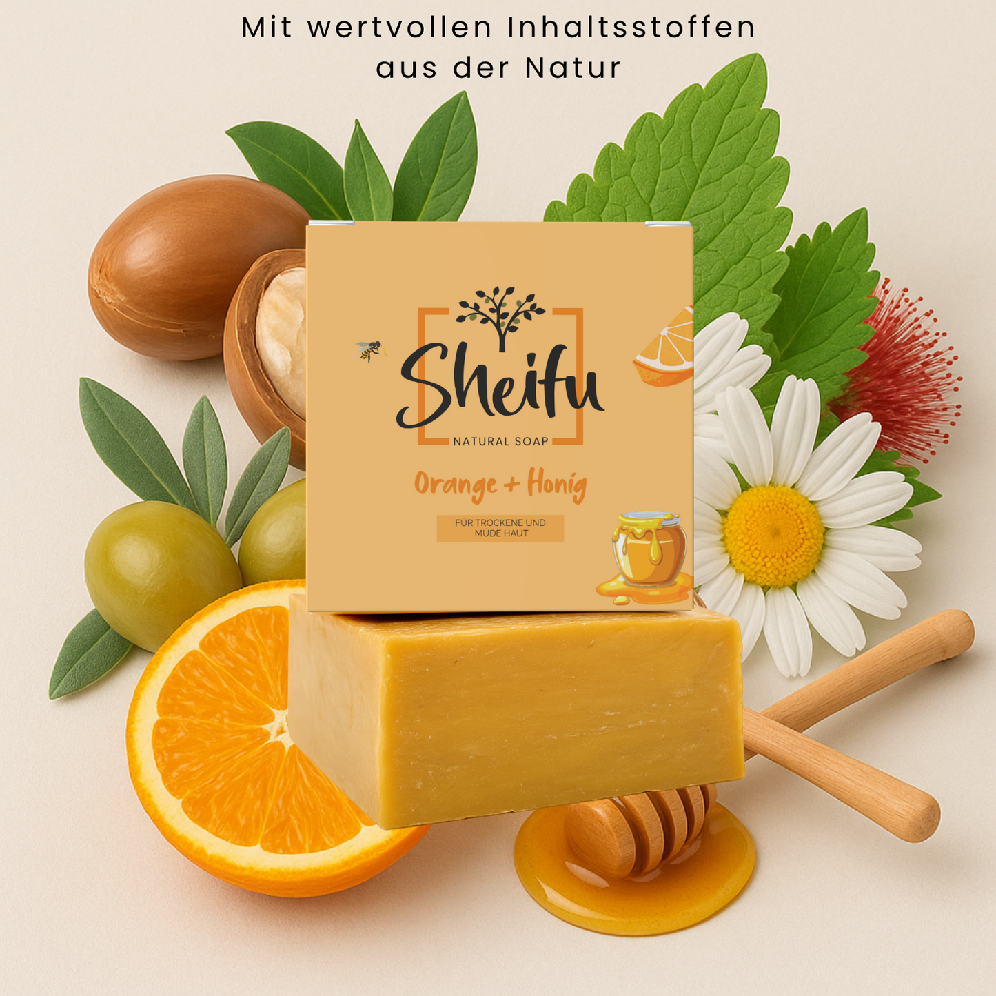 Naturseife mit Orangenöl, Honig und Kamillenöl frisch dekoriert mit Naturzutaten