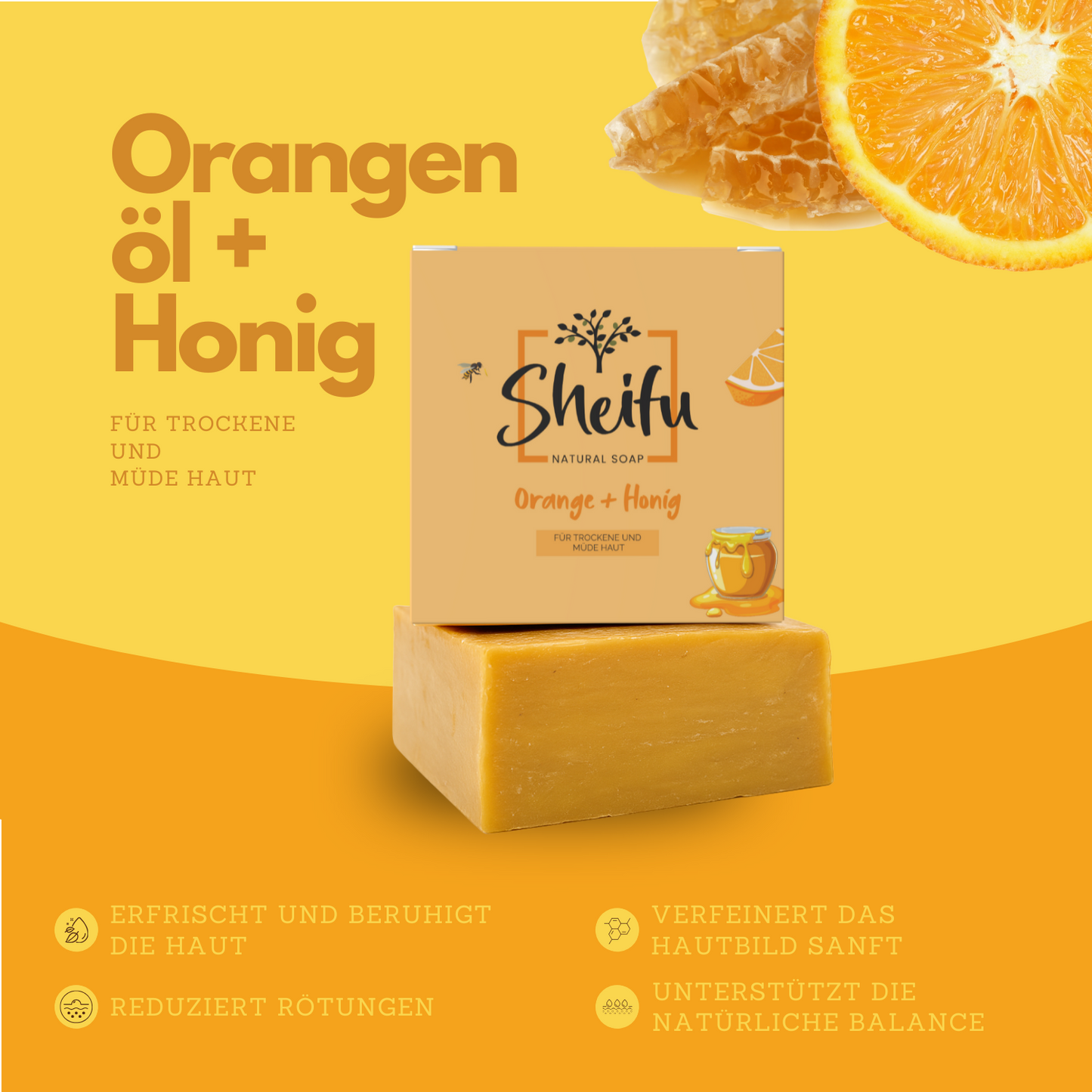 Orangen Honig Seife beruhigt die Haut, verfeinert das Hautbild und fördert das Gleichgewicht