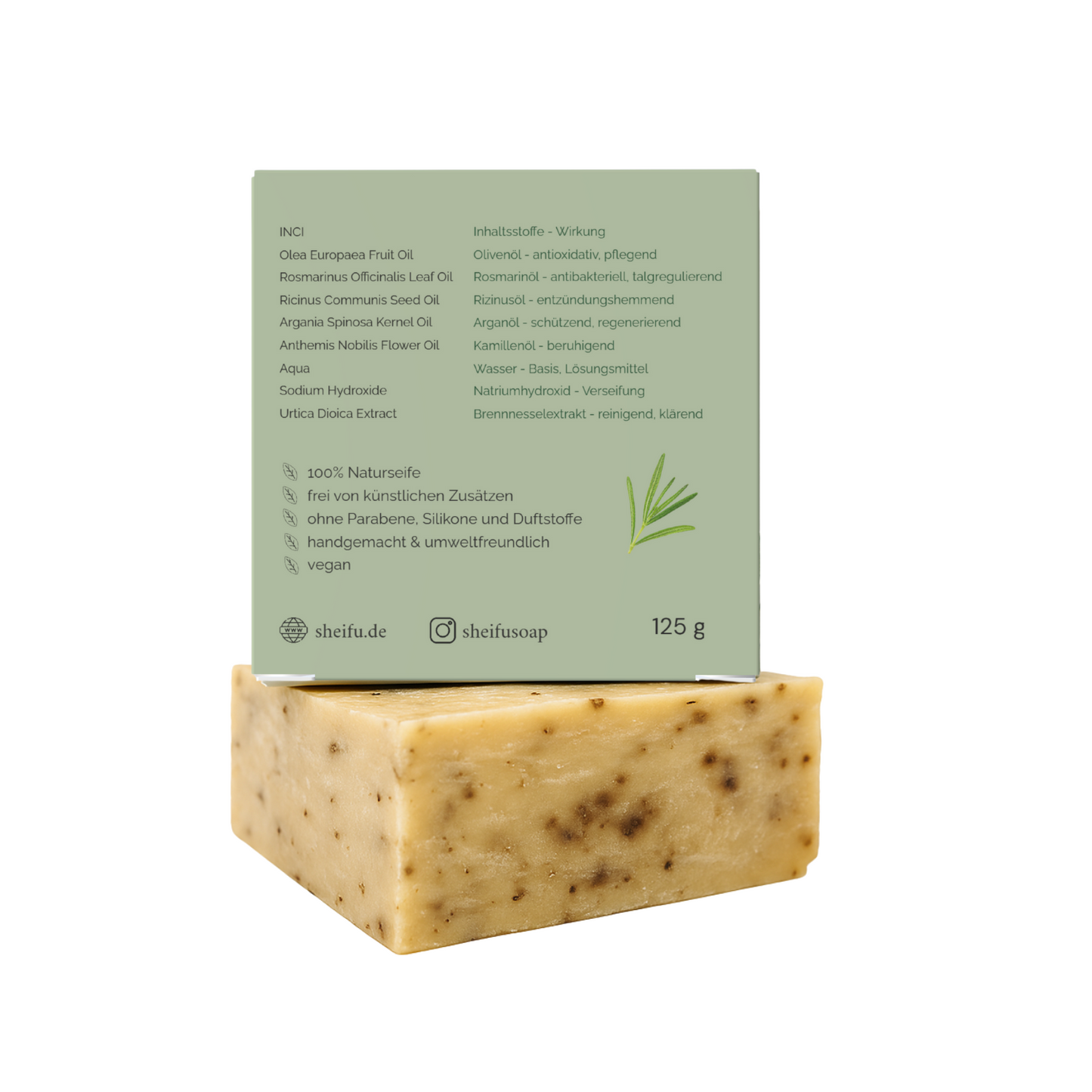 Inhaltsstoffe der Rosmarin Naturseife auf nachhaltiger Rückseite mit Pflegehinweisen sichtbar