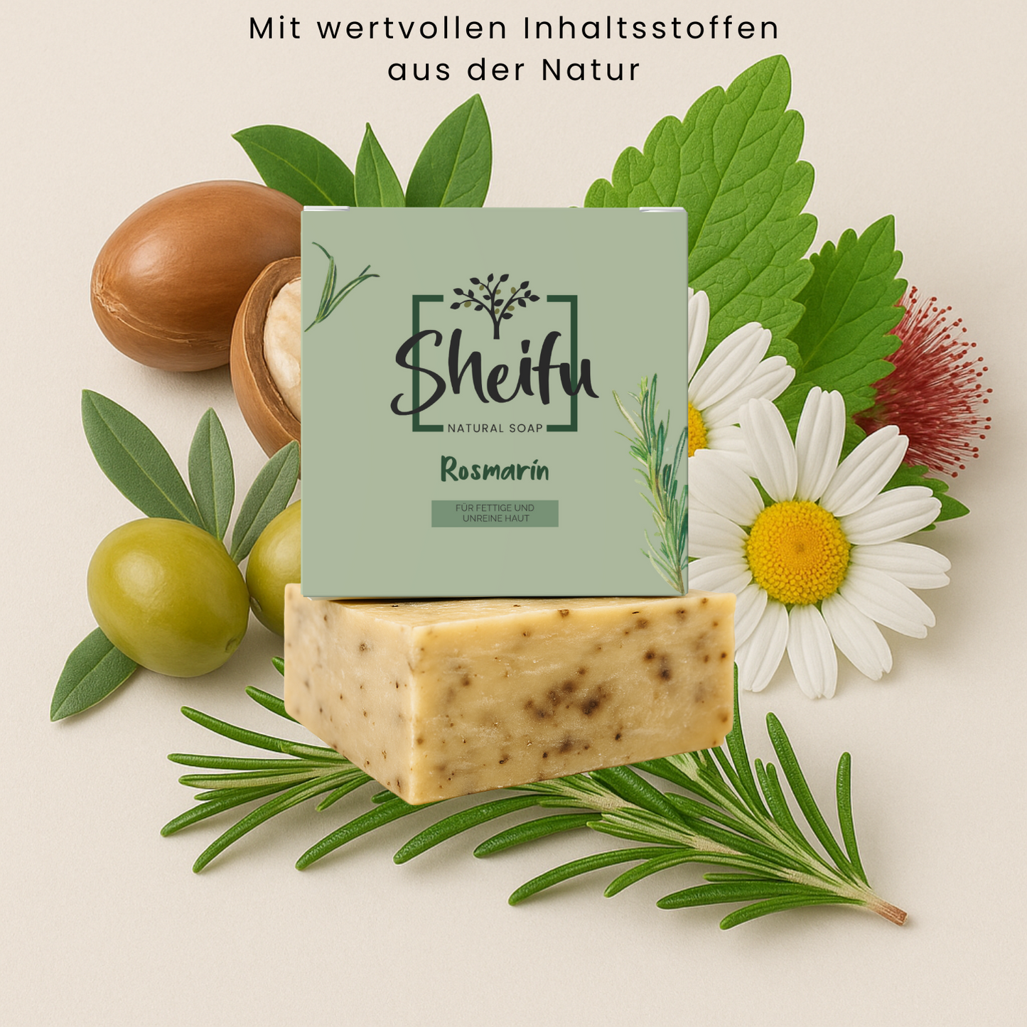 Naturseife mit Rosmarinöl, Kamillenöl und Olivenöl zur natürlichen Hautpflege