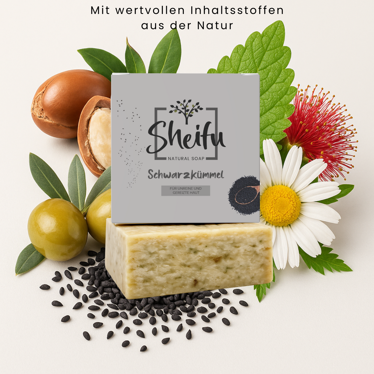Naturseife mit Schwarzkümmelöl, Olivenöl und Kamillenöl zur Hautpflege dekoriert