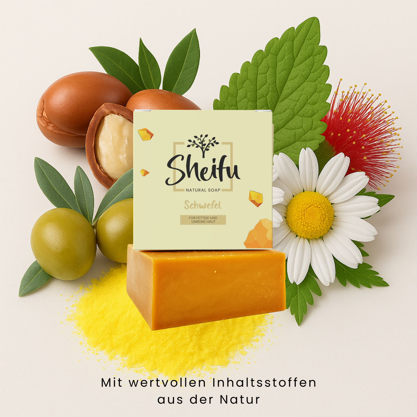 Naturseife mit Schwefel, Kamillenöl, Olivenöl und gelbem Pulver aus Naturstoffen