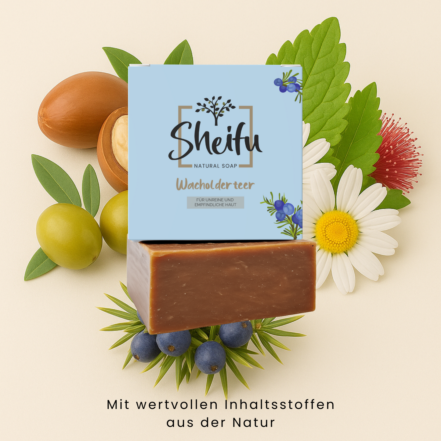 Naturseife mit Wacholderteer, Kamillenöl und Olivenöl für sanfte Hautpflege