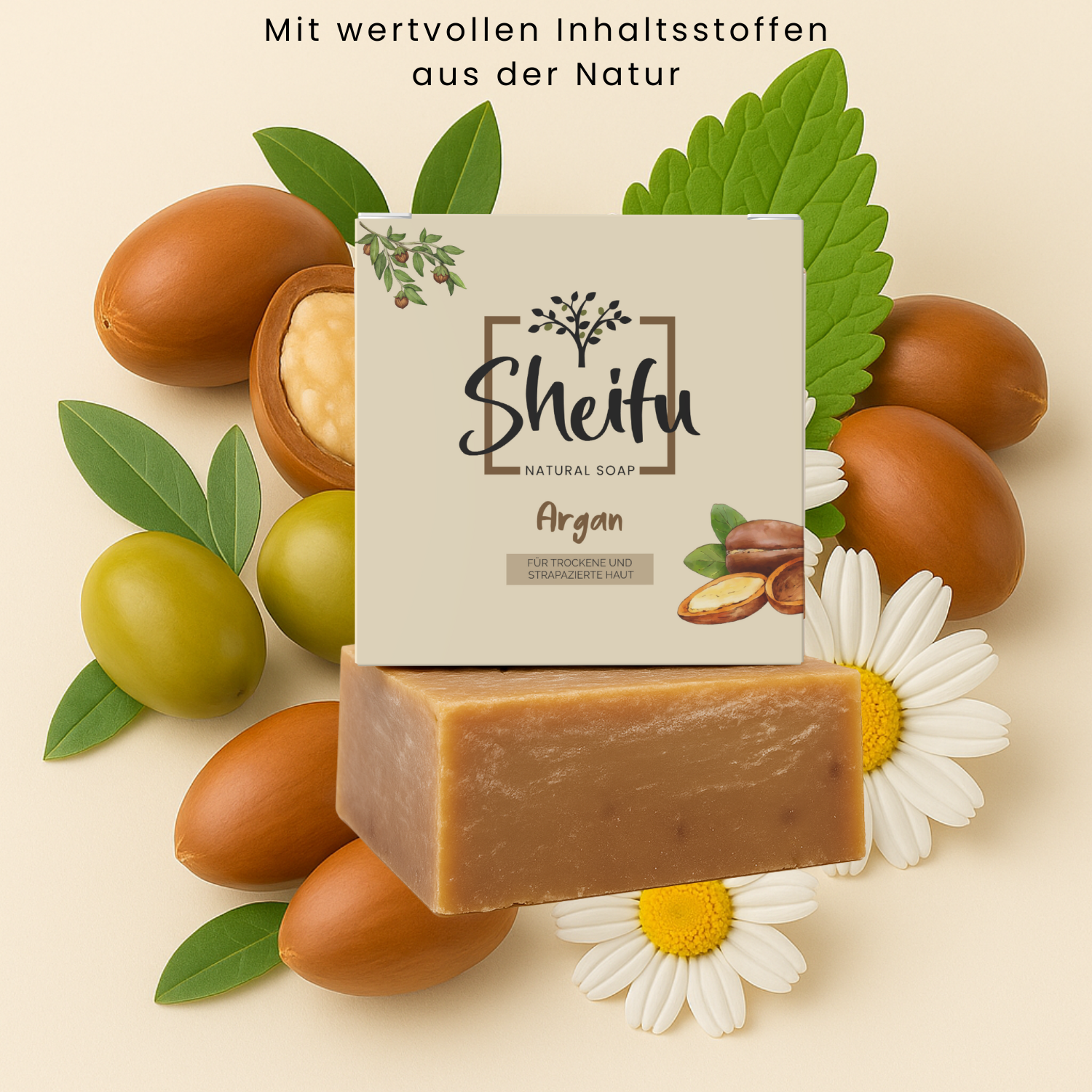 Naturseife mit Arganöl, Kamillenöl und Olivenöl zur sanften Hautpflege dekoriert