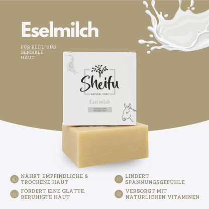 Eselmilchseife beruhigt trockene Haut, versorgt mit Vitaminen und reduziert Spannungsgefühle