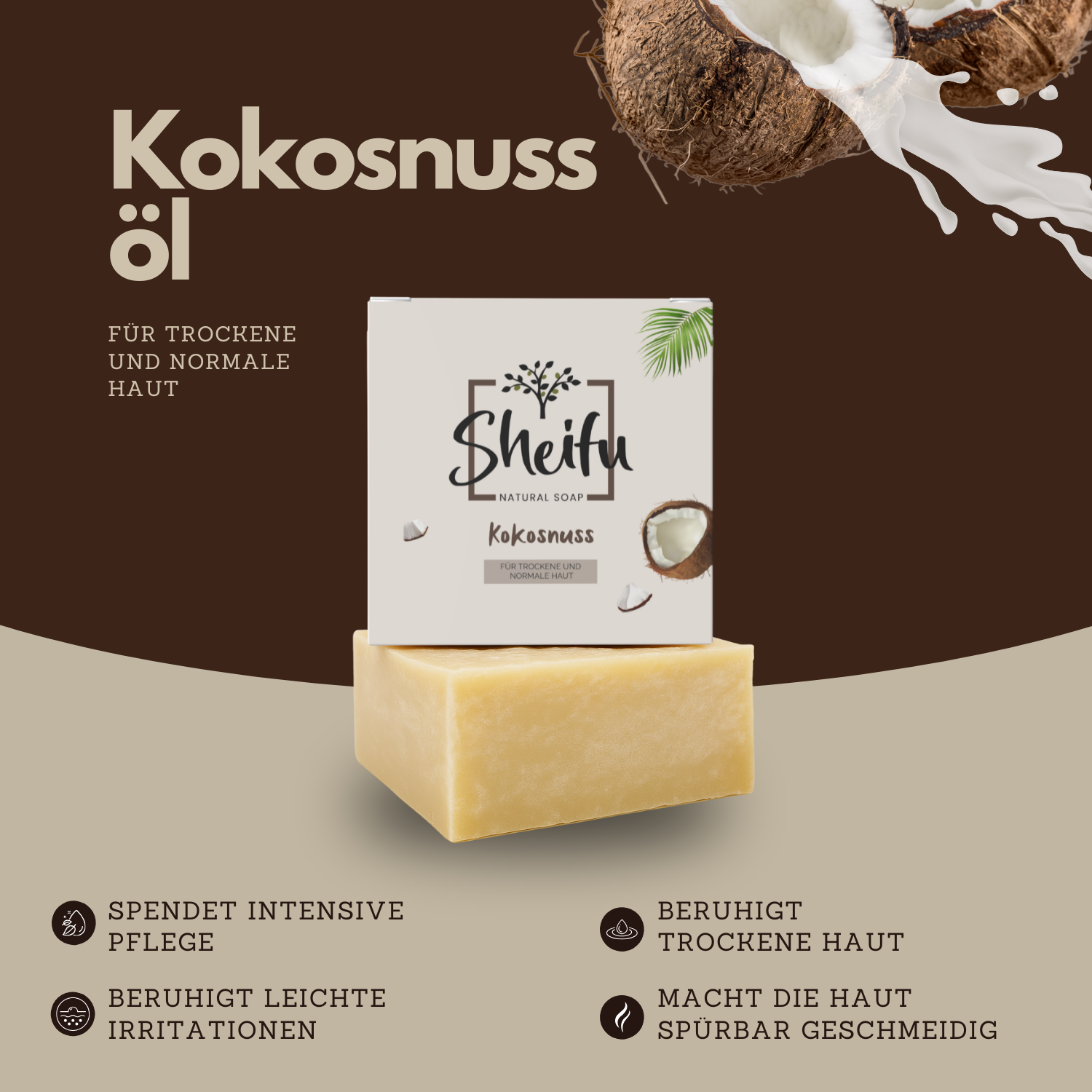 Naturseife mit Kokosöl für geschmeidige Haut beruhigt Irritationen und spendet Feuchtigkeit