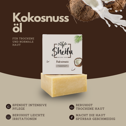 Naturseife mit Kokosöl für geschmeidige Haut beruhigt Irritationen und spendet Feuchtigkeit