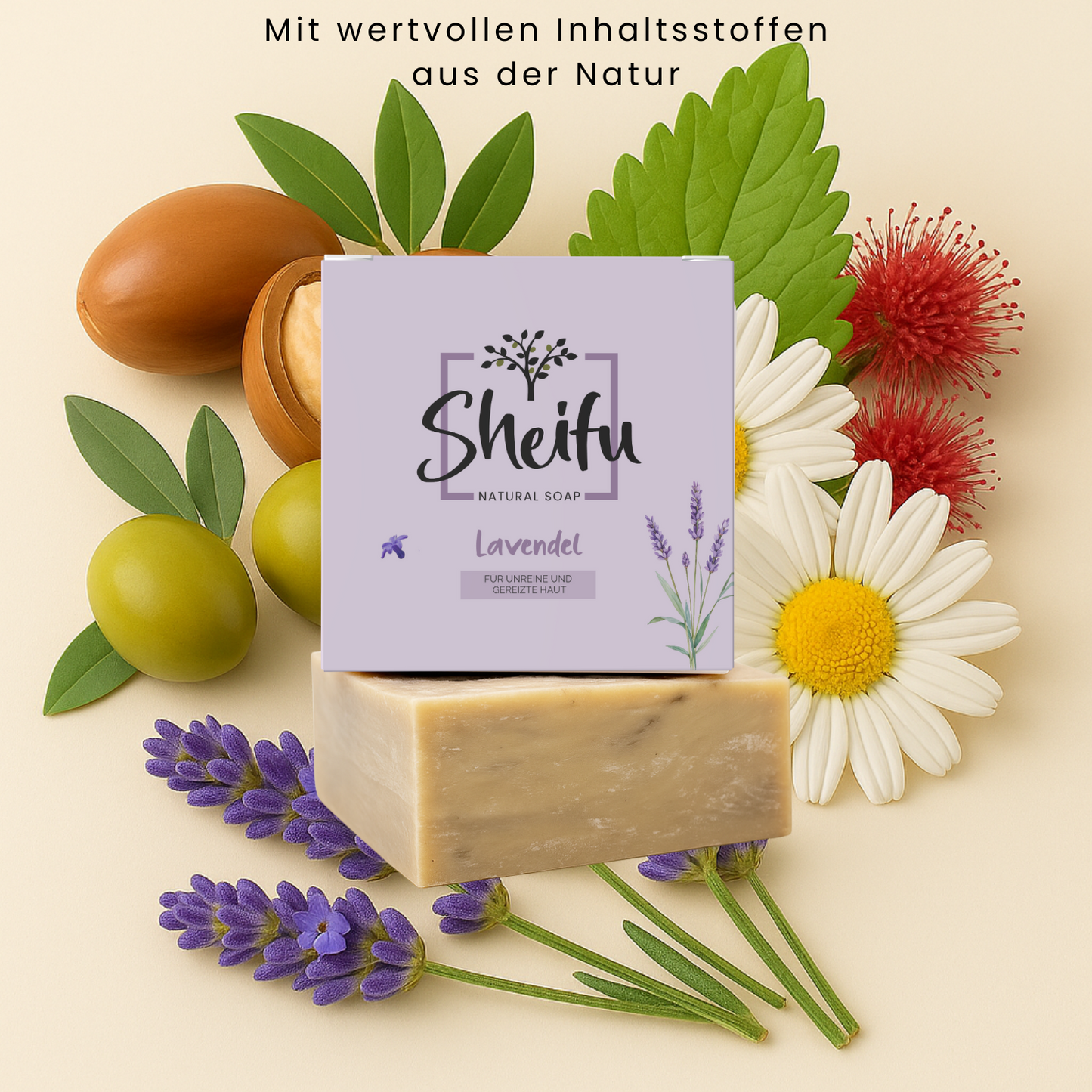 Naturseife mit Lavendelöl, Kamillenöl und Olivenöl sanft dekoriert mit Blüten