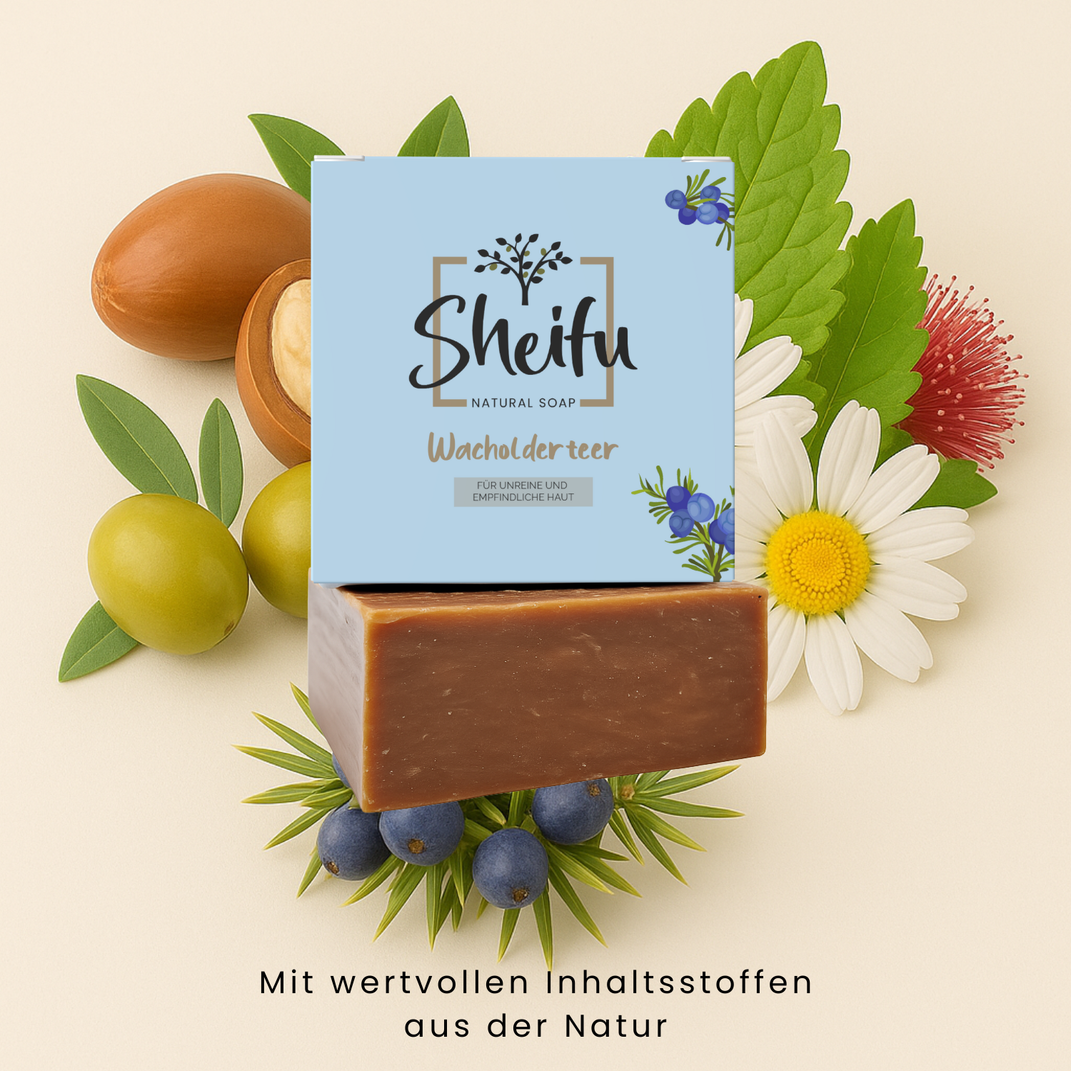 Naturseife mit Wacholderteer, Kamillenöl und Olivenöl für sanfte Hautpflege